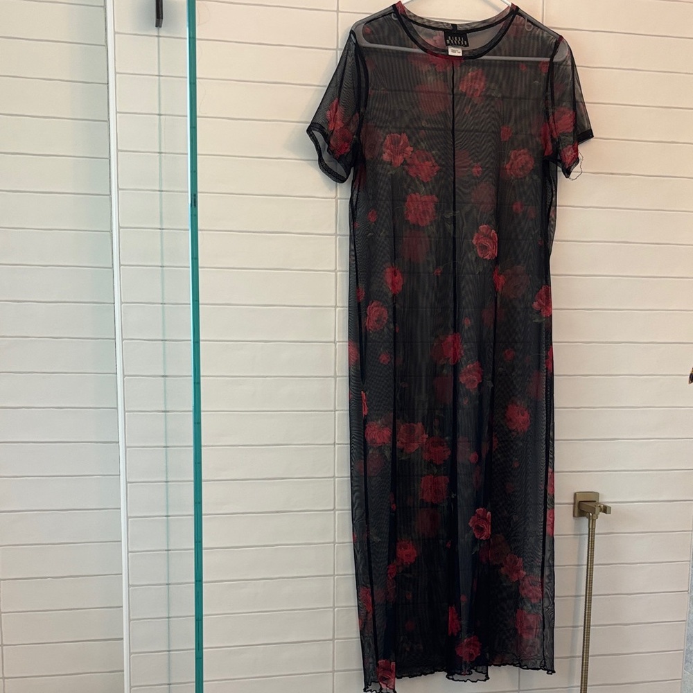 Sheer Black Maxi Dress with Red Rose Print